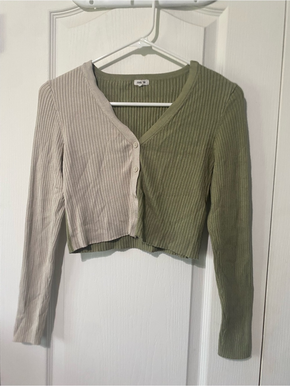 Garage Two-Tone Ribbed Cropped Cardigan - Olive & Taupe